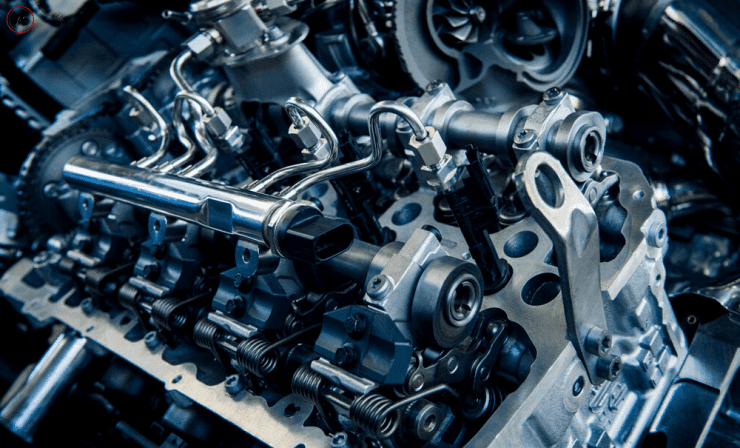 Culasse d’un moteur thermique ouverte : rampe d’injection, arbre à cames et ressorts de soupapes